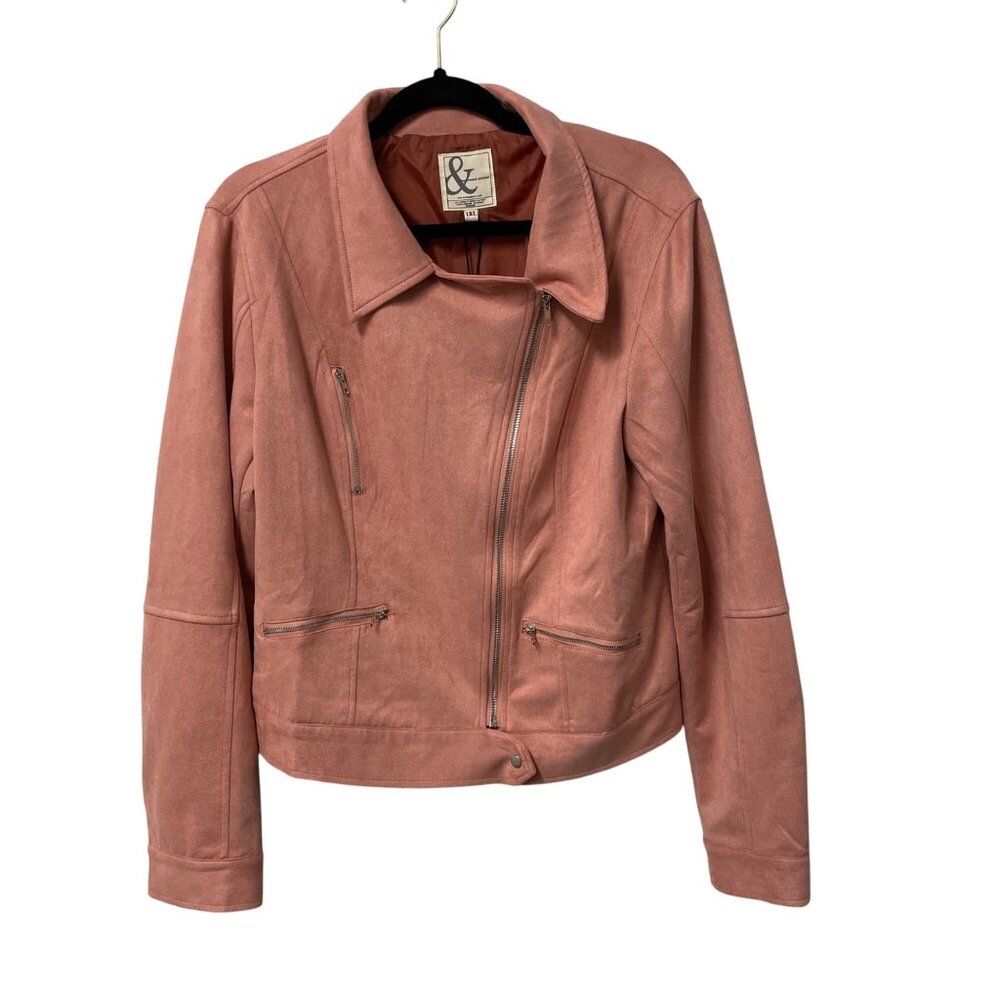 AMPERSAND AVENUE MOTO JACKET PINK ROSE WOMENS XL VEGAN SUEDE ZIP CLASSIC NWT